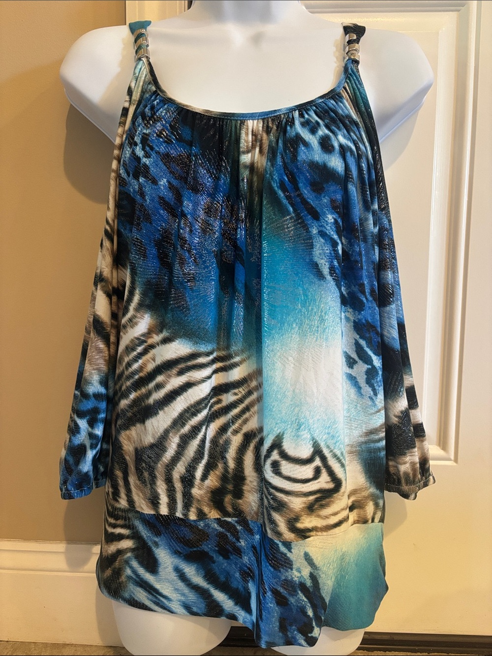 Blue & Black Animal Print Cold-Shoulder Blouse